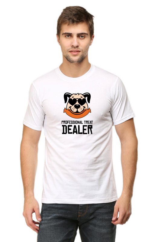 Model wearing white Treat Dealer men’s regular fit t-shirt front view – bold dog-themed graphic print on soft cotton fabric