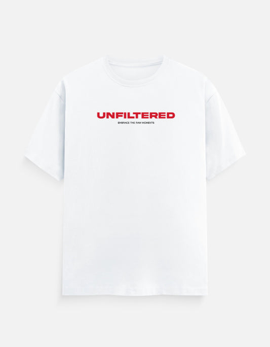 Front view of Unfiltered white men’s regular fit t-shirt – minimal bold graphic print on soft breathable cotton fabric