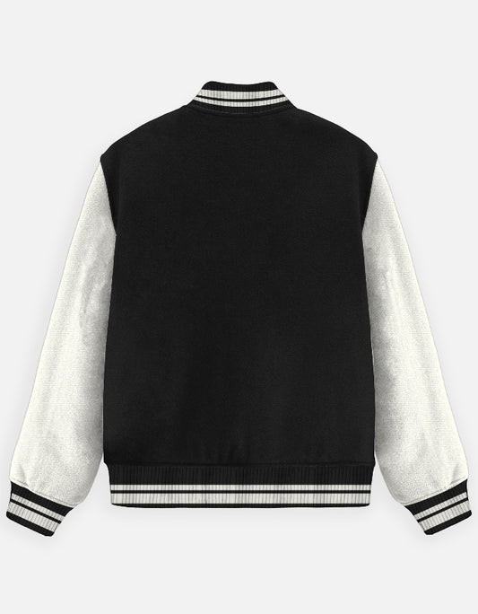 Men’s black varsity jacket back view – stylish cotton blend streetwear outerwear India