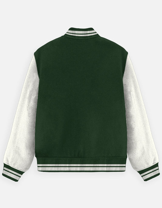 Men’s bottle green varsity jacket back view – trendy college-inspired streetwear outerwear