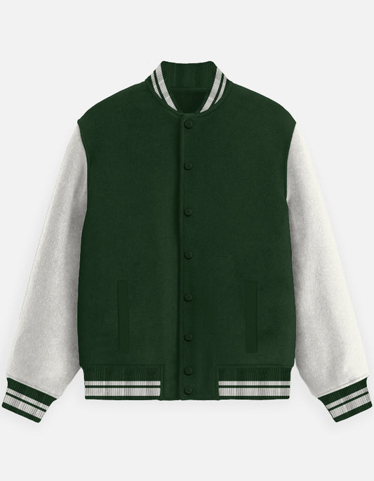 Men’s bottle green varsity jacket front view – cotton blend streetwear for winter layering